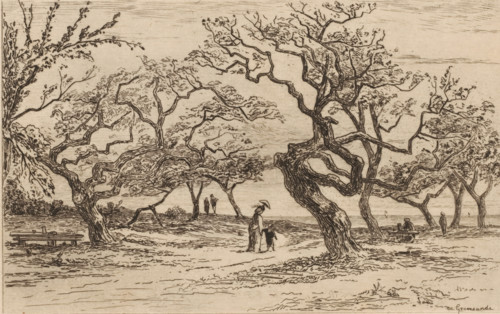 View of an orchard near Honfleur, Verger près de Houfleur (original title), print, In the middle, a