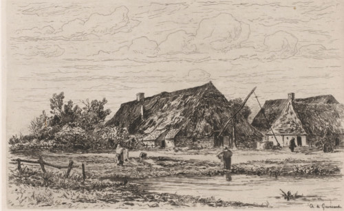 Farm near Kalmthout, Une ferme à Calmpthout (original title), print, In the foreground two women