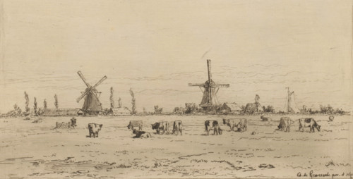 Polder near Weesp, Un polder près de Weesp (original title), print, View of a meadow with cows. Two