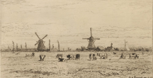 Polder near Weesp, Un polder près de Weesp (original title), print, View of a meadow with cows. Two
