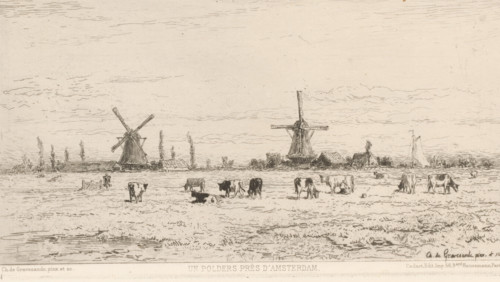 A polder near Amsterdam (original title on object), print, View of a meadow with cows. Two