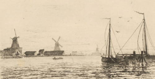 Souvenir de Zaandam (original title), View of Zaandam with boats and windmills, print, View of a