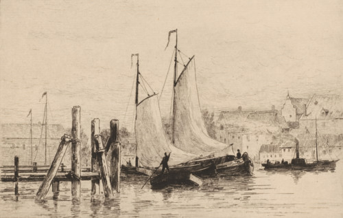 Dans le port de Dordrecht (original title), Haven in Dordrecht, print, Links een steiger, in het