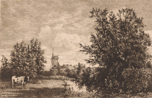 Landscape with windmill and cow, print, mark: 'Antwerpsche Etsers 1880', printmaker: Alfred Elsen,