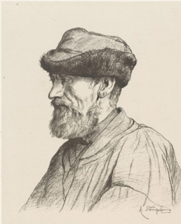 Portrait of a man with a short beard and a cap, Profil de paysan (original title on object), print,
