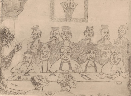 The good judges, Jury members at a long table with judges behind them, print, printmaker: James