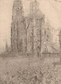 The Cathedral, Crowd in a square near a cathedral, print, The crowd consists of soldiers in costume