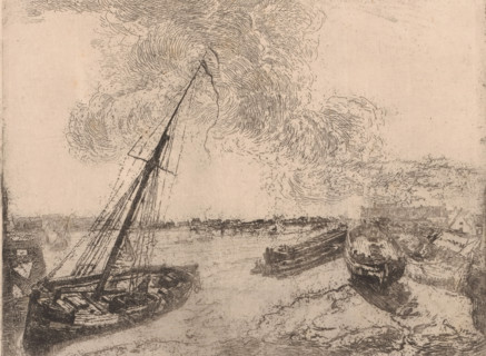 Ships on the bank along a river, Les barques echouées, print, printmaker: James Ensor, 1888, paper,