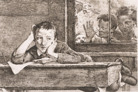 Three children look through a window at a boy leaning over a school desk, print, inscription: '4me