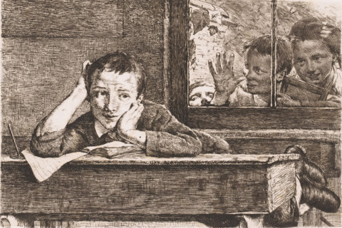Three children look through a window at a boy leaning over a school desk, print, inscription: '5me