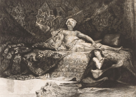 Interior of a harem, Hassan et Numouna, print, printmaker: Léopold Flameng, after painting by Henri