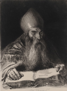 Bearded man with a miter reading a book, print, printmaker: Léopold Flameng, 1841 - 1910, paper,