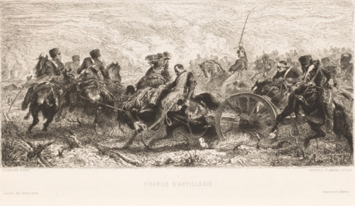 Charge d'artillerie, Loss of artillery, print, printmaker: Léopold Flameng, after painting by