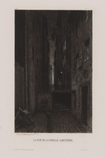 La Rue de la Vieille Lanterne, Two men come to blows in a dark street while a third man watches