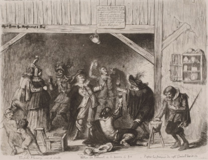 Villon au cabaret de la Pomme de Pin, Drinks in a seventeenth-century pub, print, annotation: