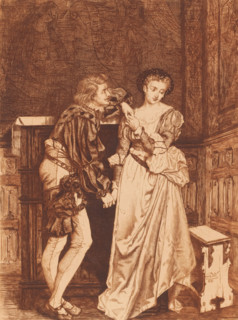 Young couple in an interior, print, A young man holds the hands of a young woman. The woman looks