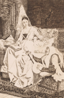 Damsel and minstrel, print, printmaker: attributed to Willem Geets, 1848 - 1910, Attributed to,