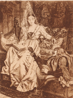 Young lady and minstrel, print, printmaker: Willem Geets, 1897, paper, etching, intaglio