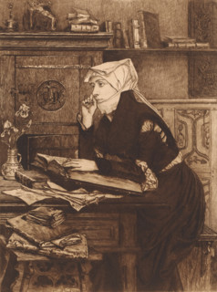 Young woman thinking at a writing desk, print, printmaker: Willem Geets, 1887, paper, etching,