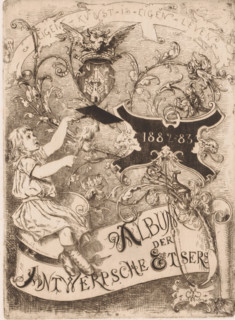 Child with torch and grate on a cartouche with floral tendrils, Album der Antwerpsche Etsers
