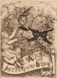 Child with torch and grid on a cartouche with floral tendrils, Album der Antwerpsche Etsers