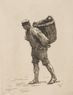 Fisherman with a basket on his back, Porteur de poissons, print, Katwijk fisherman, barefoot,