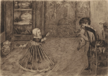 Child in walker walks towards a boy holding a dog, print, printmaker: attributed to Joseph Gérard,