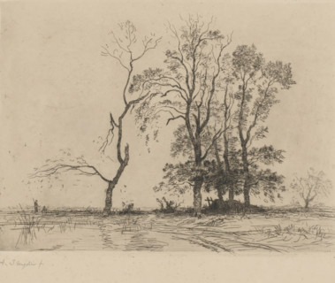 Five trees by a lake, print, Five trees and a low haystack at the edge of the Kagermeer.,