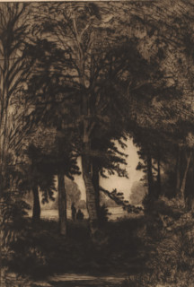 Forest view with two figures, print, printmaker: Jules Marie Armand Goethals (signed by artist),
