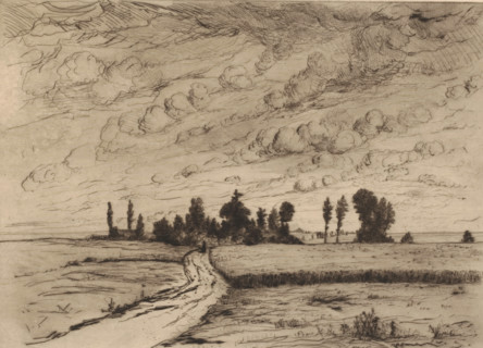 Landscape with stormy cloudy sky, print, The Lion of Waterloo is visible in the background.,