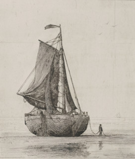 Fishing boat on the beach of Katwijk, print, Next to the boat a sailor carrying the anchor chain.,
