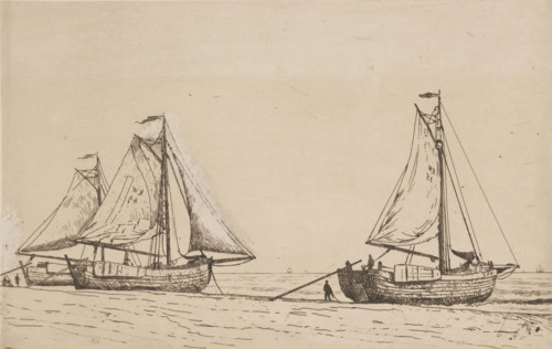 Three fishing boats on the beach of Katwijk, print, printmaker: Alphonse Stengelin, 1862 - 1910,