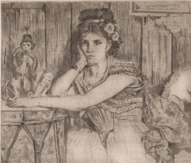Sitting young woman with a circus monkey, print, annotation: '1st state', printmaker: Fr. van