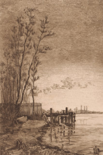 Pier in a river, print, workshop stamp: 'Antwerpsche Etsers 1880', annotation: 'embarcadere de