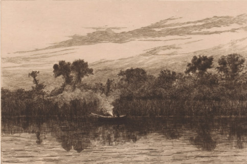 Rowing boat in a lake at twilight, print, annotation: 'Le soir (?) au bord de l'eau', workshop