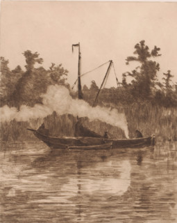Two boats in a canal, print, annotation: 'I', printmaker: Jules Guiette, 1862 - 1901, paper,