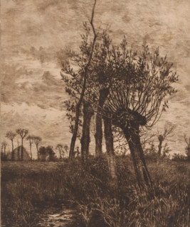Decembre, Winter landscape with willows, print, workshop stamp: 'Antwerpsche Etsers 1880',