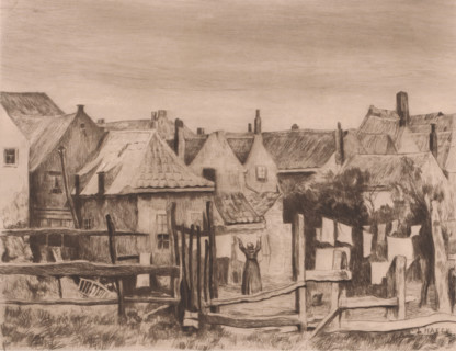 Near a village, a woman hangs laundry on a line, print, printmaker: Léopold Haeck, 1878 - 1910,