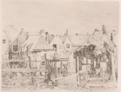 Near a village, a woman hangs laundry on a line, print, annotation: '1st state', printmaker: