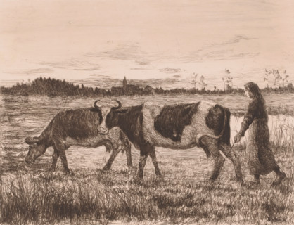 Two cows with a farmer's wife in a landscape, print, printmaker: Léopold Haeck (signed by artist),