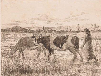 Two cows with a farmer's wife in a landscape, print, annotation: '2nd state', printmaker: Léopold