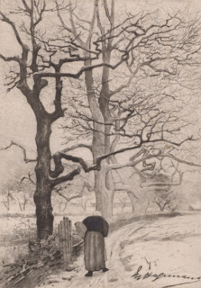 Winter landscape with old woman on a path to a village, print, printmaker: Maurice Hagemans, 1862 -