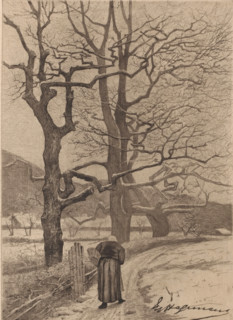 Winter landscape with old woman on a path to a village, print, annotation: '1er Prise Paysage',