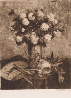 Vase with flowers and a fan, print, printmaker: Fritz Hanno (signed by artist), 1886, paper,