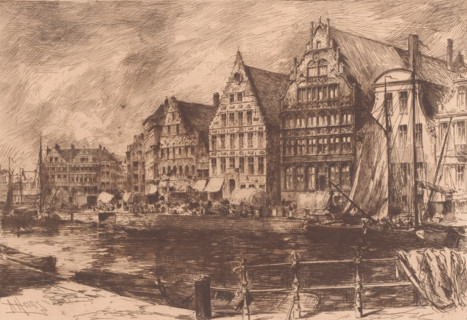 View of the quay in Ghent (former title), Graslei in Ghent, Un Quai à Gand, print, printmaker:
