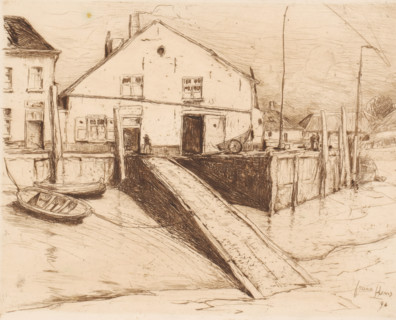 Village houses along the quay, print, printmaker: Frans Hens, 1894, paper, etching, intaglio