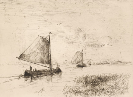 Two sailing ships on the water with the coastline in the background, print, printmaker: Frans Hens,
