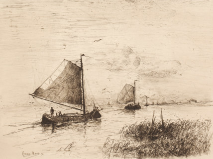 Two sailing ships on the water with the coastline in the background, print, printmaker: Frans Hens,