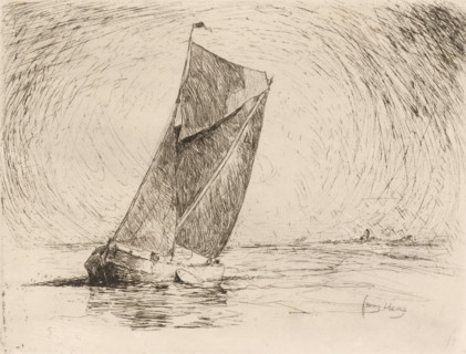 Sailing ship with coastline in the background, print, printmaker: Frans Hens, 1866 - 1910, paper,