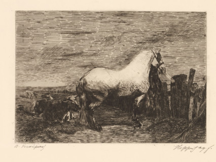 Landscape with horse and three cows, print, printmaker: Karel Theodoor Hippert, after design by